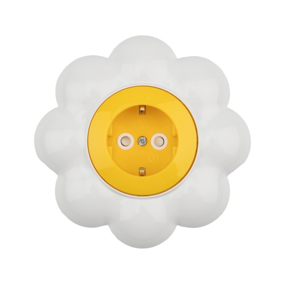 Розетка одноместная Kranz KR-78-0622 HAPPY Ромашка скрытой установки, с заземлением и защитными шторками, желтая/белая