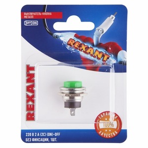 Выключатель одноклавишный Rexant 06-0319-A Выключатель-кнопка металл 220V 2А (2с) (ON)-OFF 16.2 зеленая, 10шт