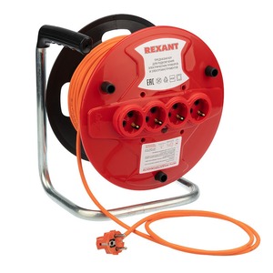 Удлинитель электрический Rexant 11-7085 Удлинитель-шнур на катушке ПВС 3х1.0, 50 м, 4 гнезда, с/з, 10 А, 2200 Вт, IP20, оранжевый
