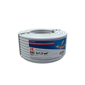 Провод электрический Rexant 01-8046-20 Провод соединительный ПВС 3x1,5 мм, белый, длина 20 метров, ГОСТ 7399-97