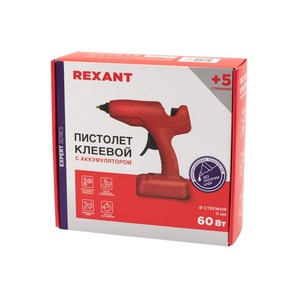 Клеевой пистолет Rexant 12-1553 Пистолет клеевой, 60 Вт, 11 мм, ЭКСПЕРТ, аккумуляторный