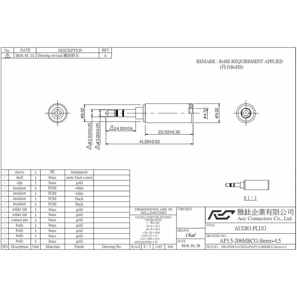 Разъем Jack Aec Connectors AP3.5-206 Gold