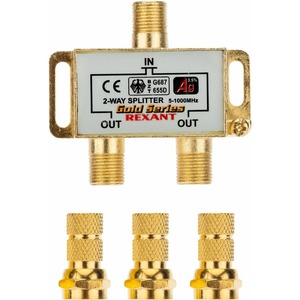 Антенный разветвитель Rexant 05-6101-1 ДЕЛИТЕЛЬ ТВ Краб х 2 + 3шт. F-BOX 5-1000 МГц Gold (1 штука)