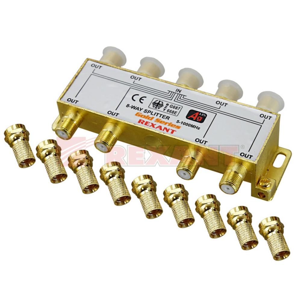 Антенный разветвитель Rexant 05-6105-1 ДЕЛИТЕЛЬ ТВ Краб х 8 + 9шт. F-BOX 5-1000 МГц Gold (1 штука)